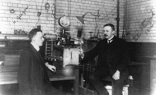 Rutherford and Geiger in the laboratory
